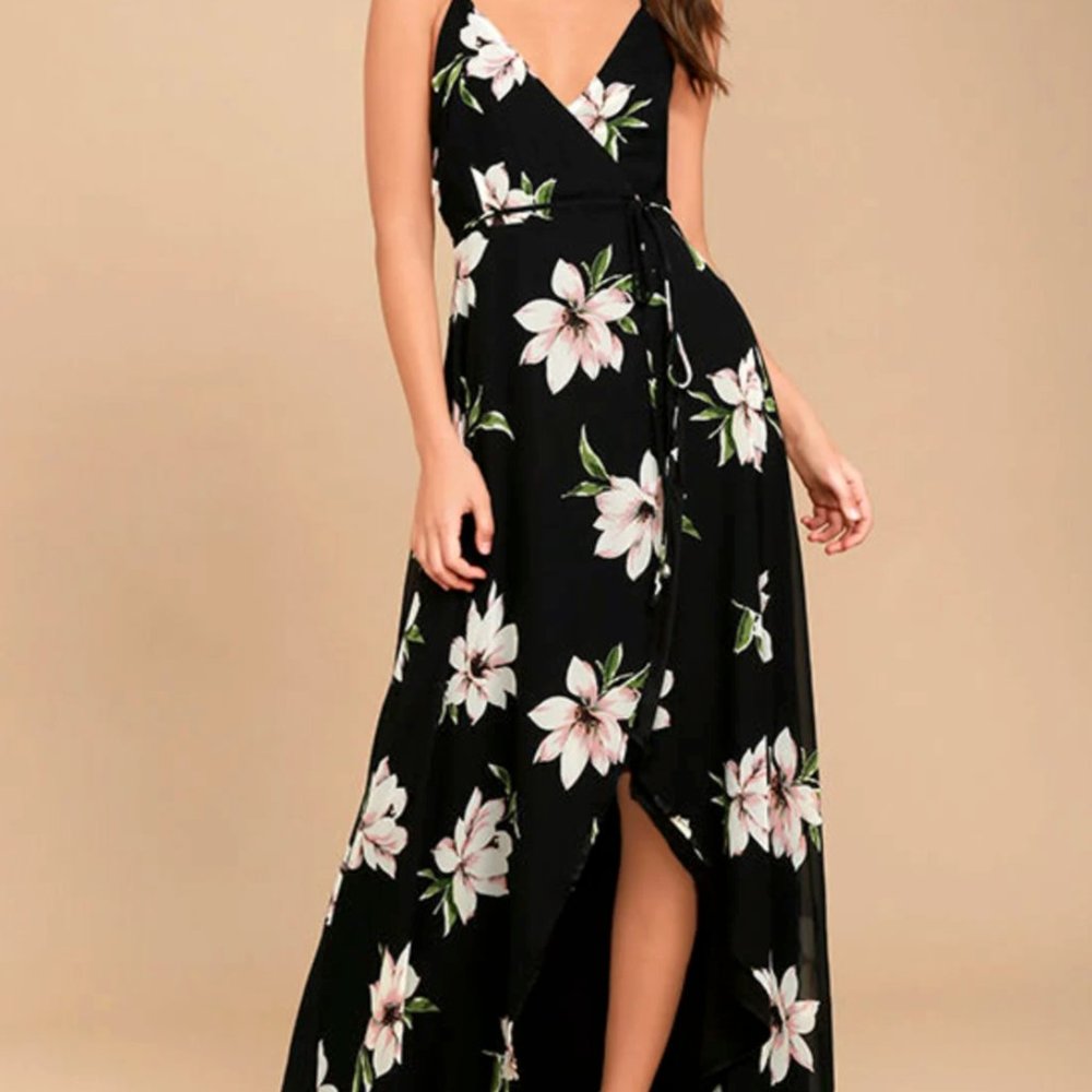 Lulus All Mine Black Floral Print High-Low Wrap Dress Sz Small
